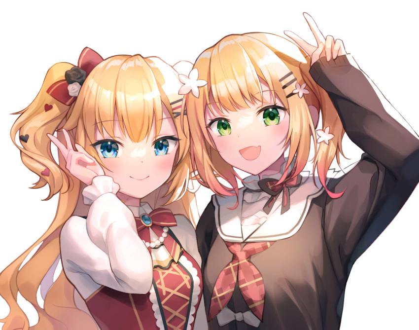 2girls :d akai_haato arm_up blonde_hair blue_eyes blush bow bowtie breasts brown_sweater chocofox commentary cowboy_shot dress dress_shirt english_commentary fang flower green_eyes hair_bow hair_flower hair_ornament hairclip heart heart_hair_ornament hololive long_hair long_sleeves looking_at_viewer medium_breasts medium_hair momosuzu_nene multiple_girls pinafore_dress red_bow red_bowtie red_dress sailor_collar school_uniform serafuku shirt skin_fang smile sweater twintails two_side_up upper_body v virtual_youtuber white_sailor_collar white_shirt