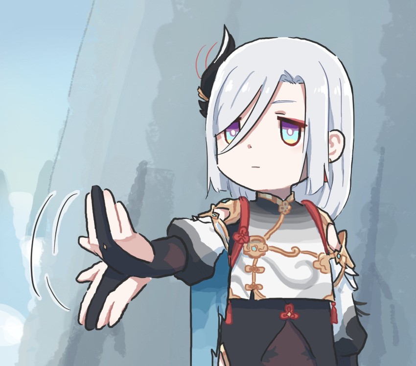 1boy blue_eyes blue_sky bodystocking bodysuit bodysuit_under_clothes bridal_gauntlets chibi chinese_clothes chinese_knot clouds genshin_impact hair_ornament highres long_hair motion_lines mountain outdoors shenhe_(genshin_impact) sidelocks sky solo waving white_hair xinzoruo