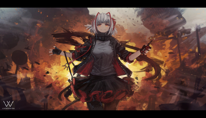 1girl ahoge arknights artist_name bangs black_gloves black_jacket black_legwear black_skirt breasts character_name commentary detonator english_commentary explosion eyebrows_behind_hair fingerless_gloves franlol gloves grenade_pin grey_hair grey_sweater grin hands_up highres holding holding_weapon horns jacket looking_at_viewer medium_breasts medium_hair miniskirt multicolored_hair open_clothes open_jacket orange_eyes outstretched_arms pleated_skirt red_horns red_ribbon red_skirt redhead ribbon skirt sleeves_pushed_up slit_pupils smile solo streaked_hair sweater w_(arknights) walking weapon zipper