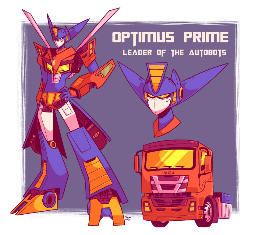 autobot character_name character_sheet english_commentary enzomus_prime ground_vehicle hand_on_hip highres isuzu_motors motor_vehicle multiple_views no_humans optimus_prime orange_eyes redesign science_fiction transformers truck