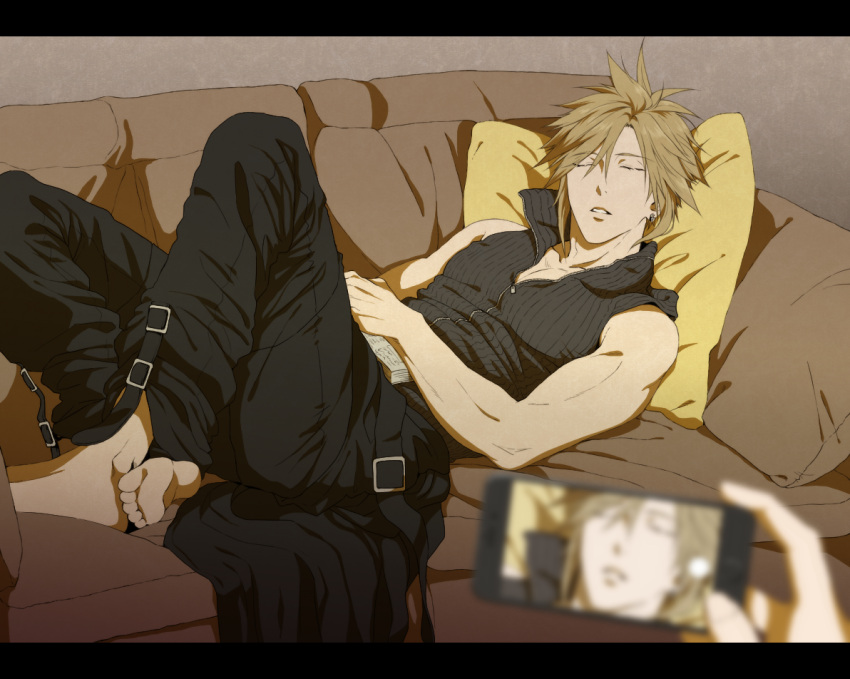 1boy armor_removed asymmetrical_hair bare_arms barefoot black_pants blonde_hair cellphone closed_eyes cloud_strife couch disembodied_limb earrings final_fantasy final_fantasy_vii final_fantasy_vii_advent_children full_body grey_shirt high_collar indoors jewelry kyoujixxxx muscular muscular_male open_collar pants parted_lips phone pillow shirt single_earring sleeping spiky_hair taking_picture