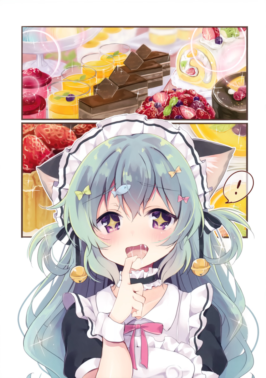 1girl absurdres animal_ears artbook bell cake candy cat_ears drooling food green_hair hair_ornament hair_ribbon hairpin highres inal licking licking_finger lollipop long_hair maid maid_headdress momoirone neck_bell non-web_source ribbon striped striped_ribbon thigh-highs twintails violet_eyes