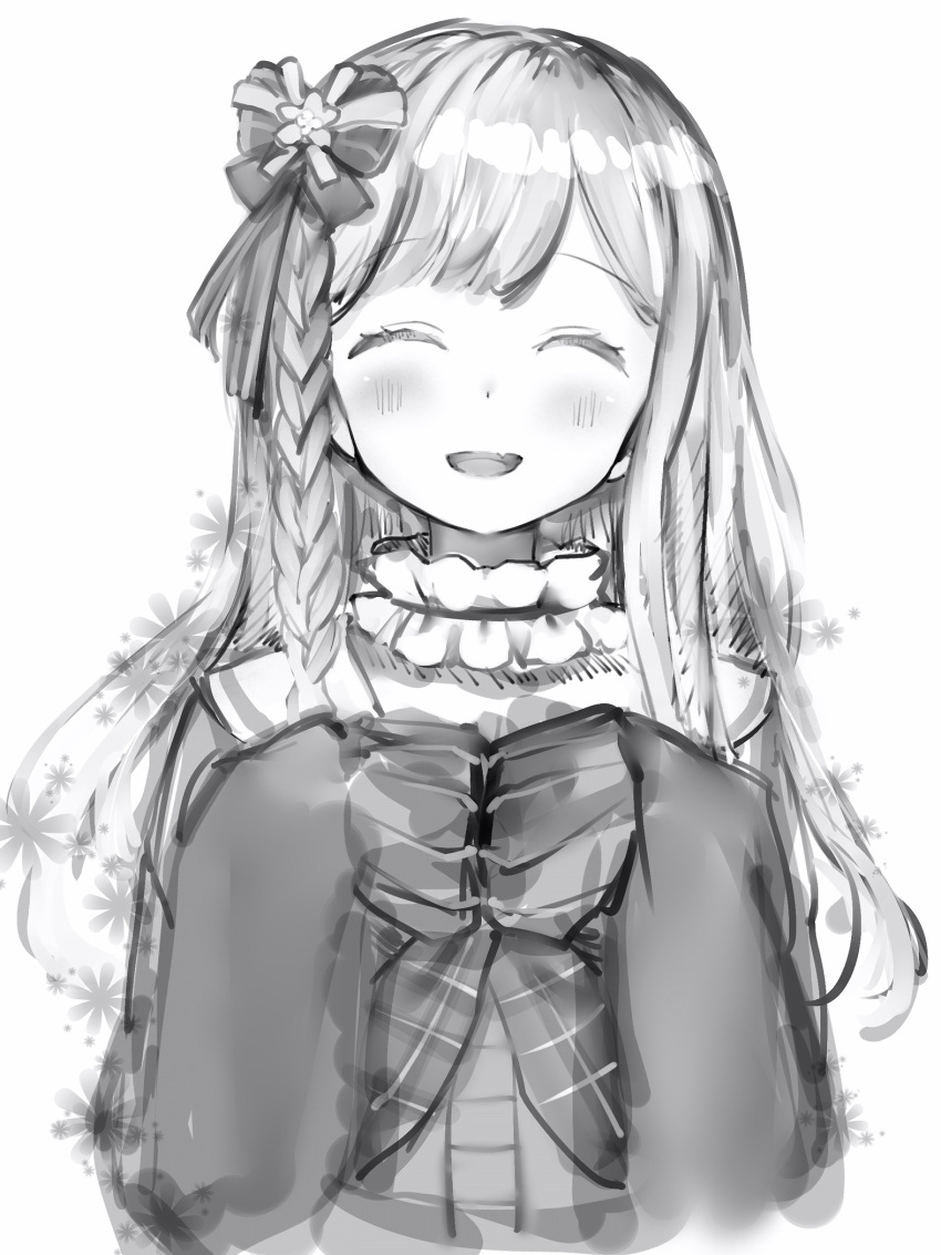1girl :d bow braid facing_viewer fang greyscale hair_bow highres hololive long_sleeves momosuzu_nene monochrome nanashi_(nlo) side_braid simple_background skin_fang sleeves_past_fingers sleeves_past_wrists smile solo upper_body white_background