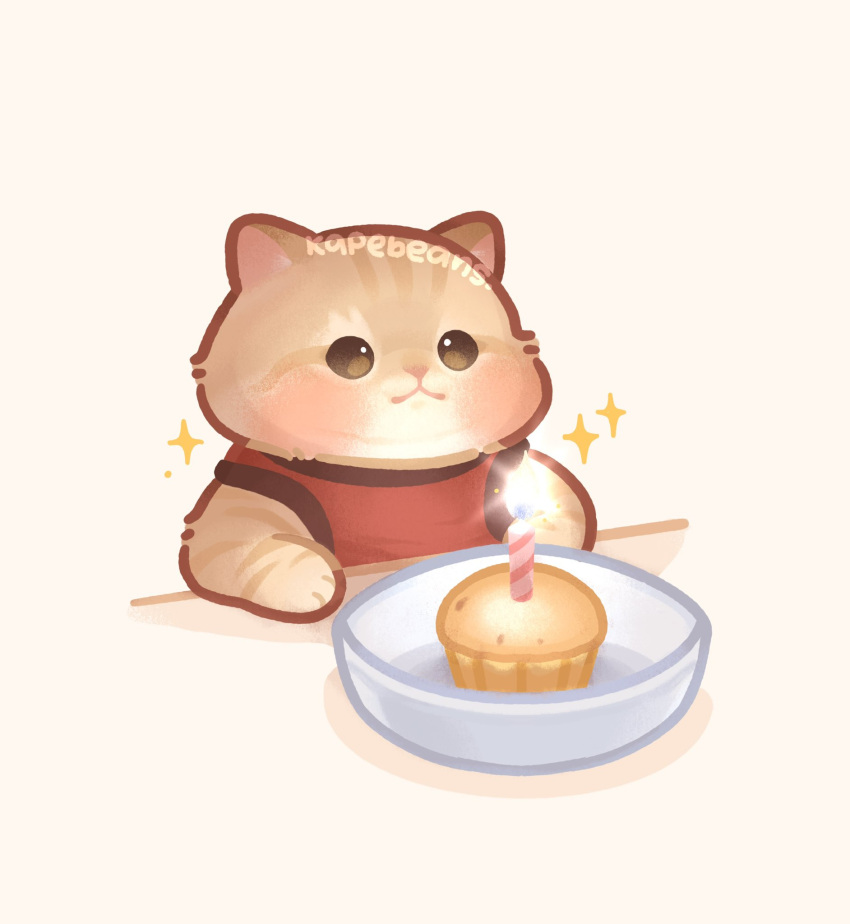 :3 animal animal_focus artist_name blush bowl brown_eyes candle cat closed_mouth commentary_request fire food highres kapebeansies muffin no_humans original photo-referenced shadow simple_background sleeveless sparkle upper_body