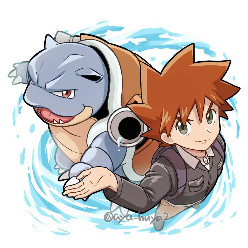 1boy arm_up aya_huya bangs black_jacket blastoise brown_hair brown_pants closed_mouth commentary_request gary_oak grey_eyes highres jacket jewelry long_sleeves looking_at_viewer male_focus necklace pants pokemon pokemon_(anime) pokemon_(creature) pokemon_journeys shirt shoes short_hair smile spiky_hair white_shirt