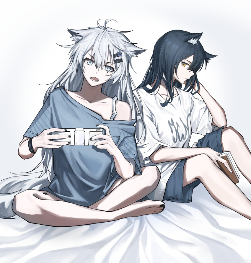2girls absurdres alternate_costume animal_ear_fluff animal_ears antenna_hair arknights bangs bare_legs barefoot black_hair black_nails blue_shirt blue_shorts book casual closed_mouth collar collarbone controller ear_piercing eyebrows_visible_through_hair grey_eyes hand_in_own_hair highres holding holding_book holding_controller indian_style lappland_(arknights) long_hair looking_at_viewer multiple_girls nail_polish off_shoulder oripathy_lesion_(arknights) piercing playing_games senkane shirt shorts simple_background single_bare_shoulder sitting smile sweater tail texas_(arknights) toenail_polish toenails v-shaped_eyebrows very_long_hair watch watch white_background white_hair white_sweater wolf_ears wolf_girl wolf_tail yellow_eyes