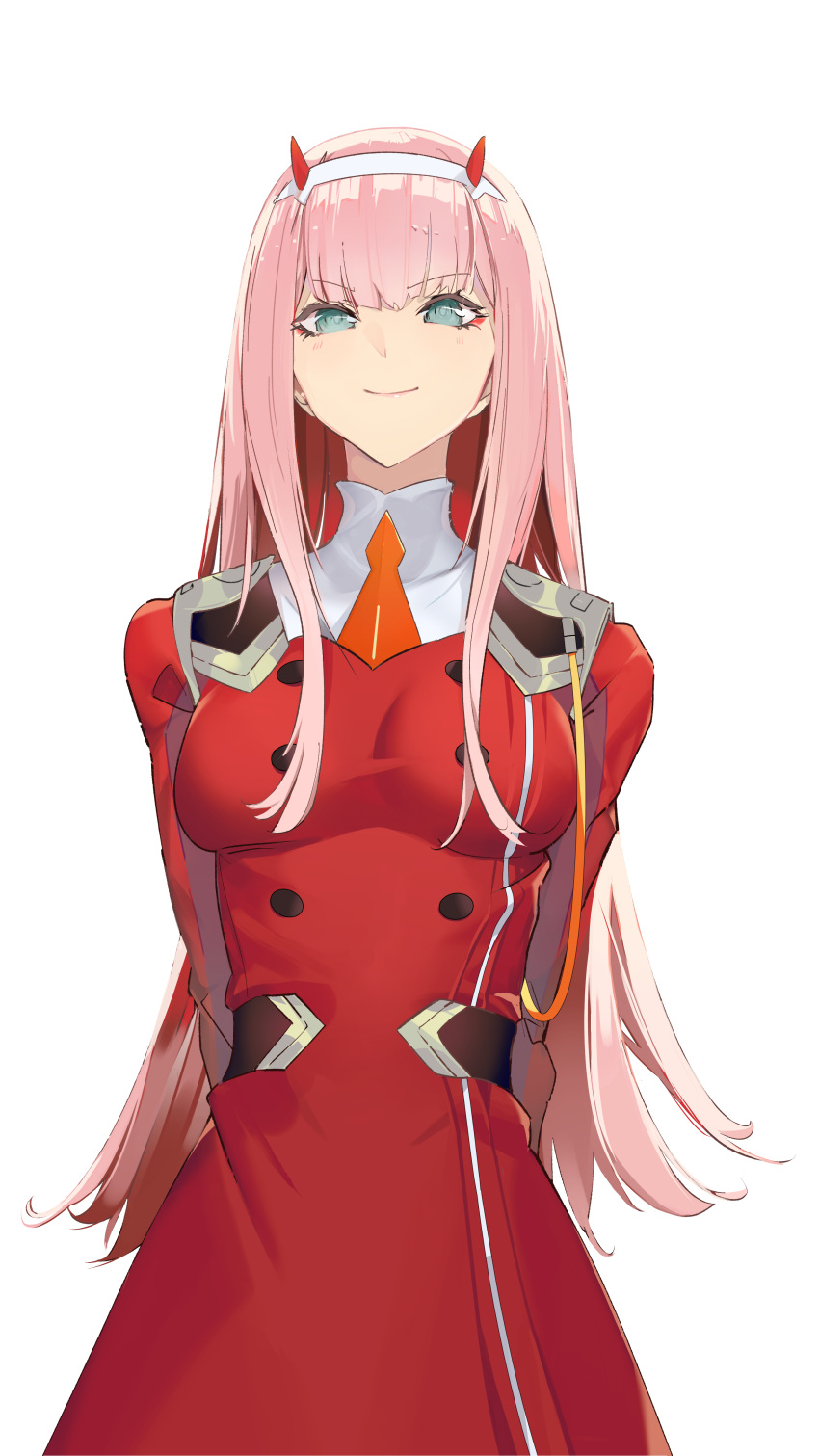 1girl absurdres arm_behind_back arms_behind_back blue_eyes blush breasts darling_in_the_franxx dress from_below headband highres horns large_breasts long_hair looking_at_viewer nayuko_(wuyou_nayuko) necktie pink_hair red_dress simple_background smile solo tight tight_dress uniform white_background zero_two_(darling_in_the_franxx)