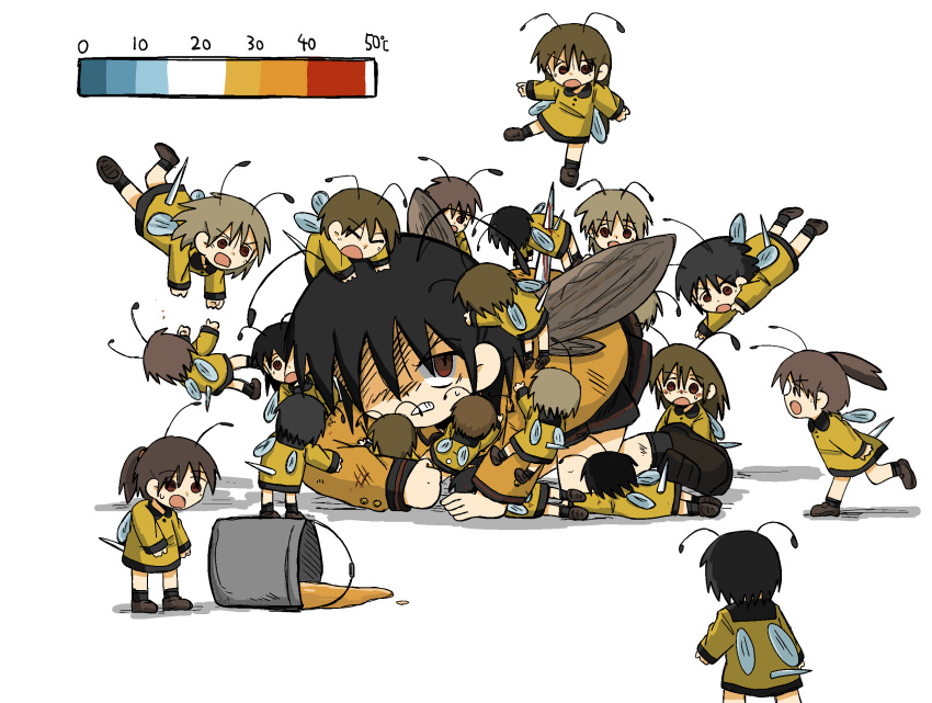 6+girls antennae arthropod_girl bee_girl bee_wings black_hair blood brown_hair bucket death dogpile fighting highres honey impaled kishimen_udn multiple_girls original ponytail size_difference stinger tackled temperature wasp_girl white_background