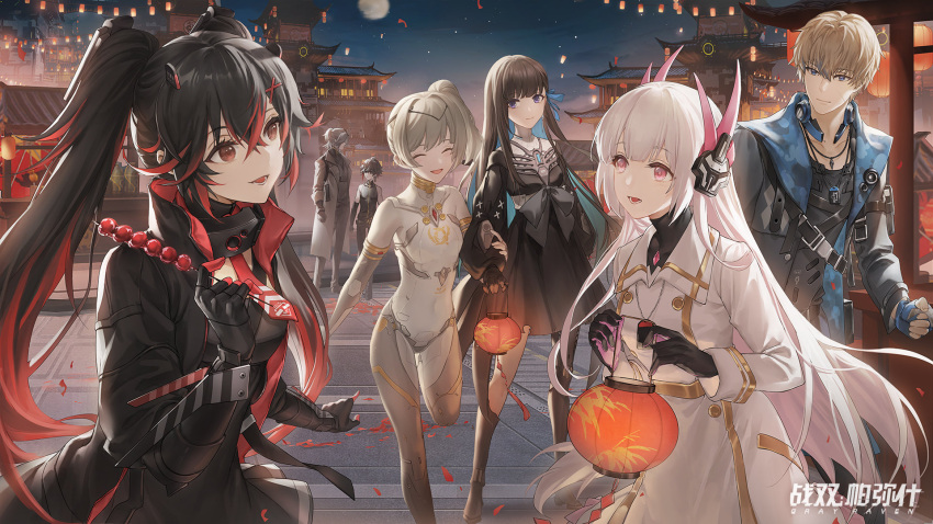 3boys 4girls architecture black_hair dango east_asian_architecture everyone food highres lantern lee_(punishing:_gray_raven) liv_(punishing:_gray_raven) lucia_(punishing:_gray_raven) moon multiple_boys multiple_girls nanami_(punishing:_gray_raven) night night_sky official_art open_mouth petals punishing:_gray_raven selena_(punishing:_gray_raven) sky teeth twintails wagashi white_hair zhang_shuang_pa_mi_shi