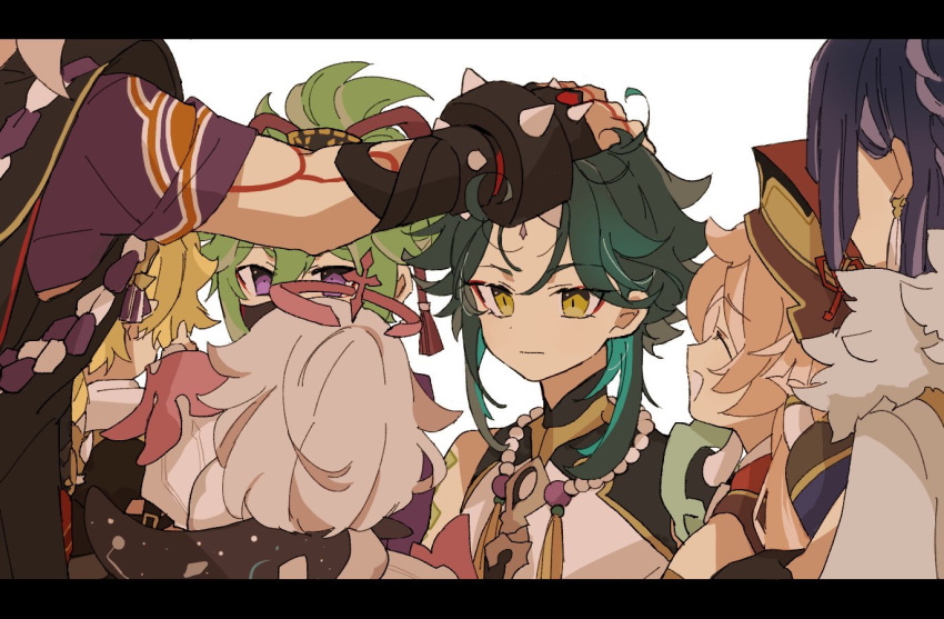 3boys 4girls aether_(genshin_impact) arataki_itto bangs bead_necklace beads blonde_hair bodypaint closed_eyes closed_mouth dress facial_mark forehead_mark genshin_impact green_hair halo hat headpat iwashi_(iwashi008) jewelry kuki_shinobu letterboxed long_hair mask mouth_mask multicolored_hair multiple_boys multiple_girls necklace ninja_mask paimon_(genshin_impact) pink_hair short_hair simple_background spikes upper_body white_background white_dress xiao_(genshin_impact) yanfei_(genshin_impact) yelan_(genshin_impact)