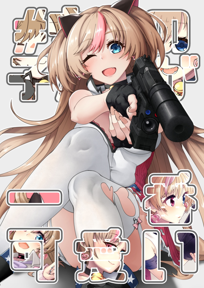 1girl absurdres background_text bare_shoulders bell blush breasts clothing_cutout collar feet_out_of_frame fingerless_gloves full_body garter_straps girls_frontline gloves gun handgun heart_cutout highres jingle_bell leotard looking_at_viewer mk23_(girls'_frontline) mk_23_pistol nakiusagi one_eye_closed pistol sitting sleeveless smile solo tail thigh-highs translation_request weapon white_legwear