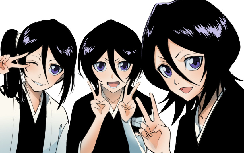 1girl age_progression black_hair bleach breasts cmwl_514 coat dual_persona hair_between_eyes highres japanese_clothes jewelry kuchiki_rukia long_hair looking_at_viewer one_eye_closed open_mouth ring short_hair side_ponytail small_breasts smile v violet_eyes