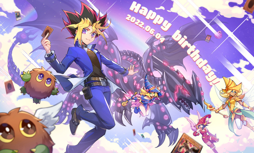 1boy 3girls apple_magician_girl bangs belt belt_collar birthday black_hair black_legwear black_shirt blonde_hair blue_eyes blue_jacket blue_pants brown_eyes card card_holster closed_mouth collar collared_jacket dark_magician_girl dragon duel_monster dyed_bangs floating gandora-x_the_dragon_of_demolition hat highres holding holding_card horns jacket kuriboh lemon_magician_girl lok-tar looking_at_viewer marshmallon multiple_girls mutou_yuugi open_mouth pants red_eyes shirt spiky_hair thigh-highs violet_eyes wand winged_kuriboh wings wizard_hat yu-gi-oh!