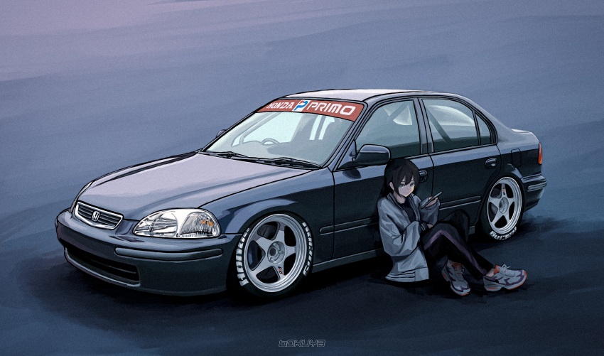 1girl absurdres bangs black_hair black_pants bokuya car cellphone commentary ground_vehicle highres holding holding_phone honda honda_civic looking_at_phone looking_at_viewer motor_vehicle original pants phone revision shoes short_hair sitting smartphone smile sneakers solo vehicle_focus