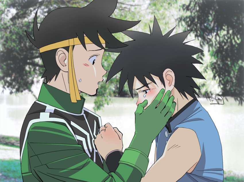 2boys black_hair cross_scar crying crying_with_eyes_open dai_(dragon_quest) dragon_quest dragon_quest_dai_no_daibouken gloves green_gloves headband highres male_focus multiple_boys nori_(norimakigumo) open_mouth pop_(dragon_quest_dai_no_daibouken) scar spiky_hair tears