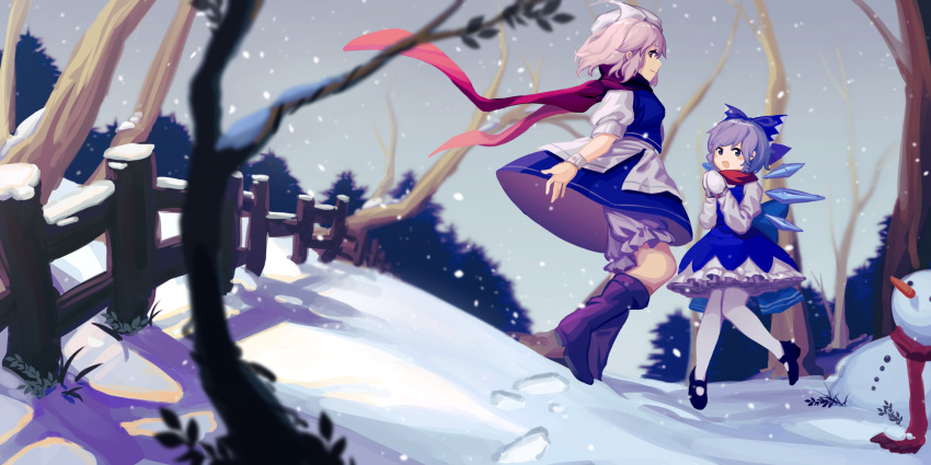 2girls :d bare_tree black_footwear bloomers blue_bow blue_dress blue_eyes blue_hair blue_skirt blue_vest blush_stickers boots bow cirno closed_mouth commentary dress fence footprints full_body furahata_gen hair_bow hat highres ice ice_wings layered_skirt letty_whiterock light_purple_hair long_sleeves looking_at_viewer mary_janes medium_hair multiple_girls open_mouth outdoors pantyhose petticoat puffy_short_sleeves puffy_sleeves red_scarf scarf shirt shoes short_hair short_sleeves sideways_glance skirt sleeve_cuffs smile snow snowing snowman touhou tree underwear vest violet_eyes white_bloomers white_headwear white_legwear white_mittens white_shirt white_skirt wings winter wrist_cuffs