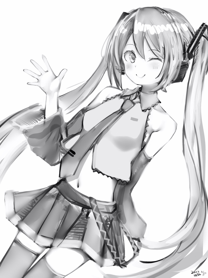 1girl closed_mouth cowboy_shot detached_sleeves greyscale hand_up hatsune_miku headphones highres long_hair long_sleeves looking_at_viewer midriff miniskirt monochrome nanashi_(nlo) navel necktie one_eye_closed pleated_skirt simple_background skirt smile solo thigh-highs twintails very_long_hair waving white_background zettai_ryouiki