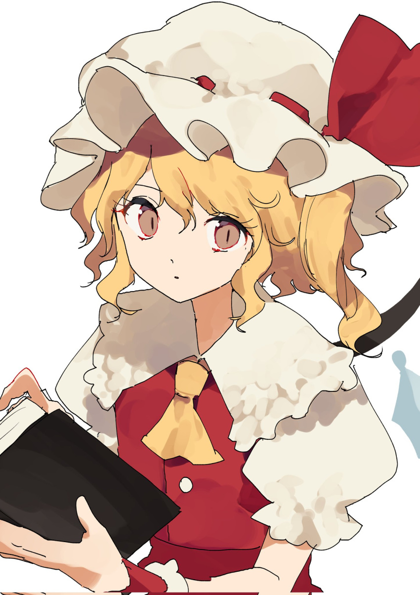 1girl alternate_eye_color ascot bangs blonde_hair book brown_eyes buttons closed_mouth collared_shirt commentary_request crystal dress eyebrows_visible_through_hair flandre_scarlet frills grey_headwear grey_shirt hair_between_eyes hands_up hat hat_ribbon highres jewelry kozomezuki looking_to_the_side mob_cap one-hour_drawing_challenge one_side_up open_book orange_ascot puffy_short_sleeves puffy_sleeves red_dress red_ribbon ribbon shirt short_hair short_sleeves simple_background solo standing touhou white_background wings wrist_cuffs