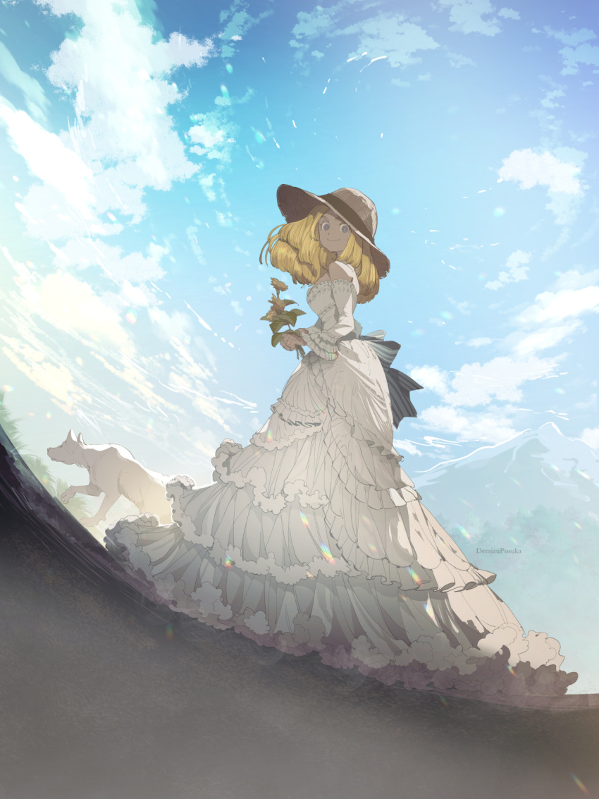 1girl back_bow backlighting bare_shoulders blonde_hair blue_eyes blue_sky bob_cut bow bright_pupils brown_headwear bush clouds commentary demizu_posuka dog dress flower hat highres holding holding_flower layered_dress long_sleeves looking_at_viewer off-shoulder_dress off_shoulder original outdoors short_hair sky smile solo straw_hat striped striped_bow twitter_username white_dress white_pupils yellow_flower