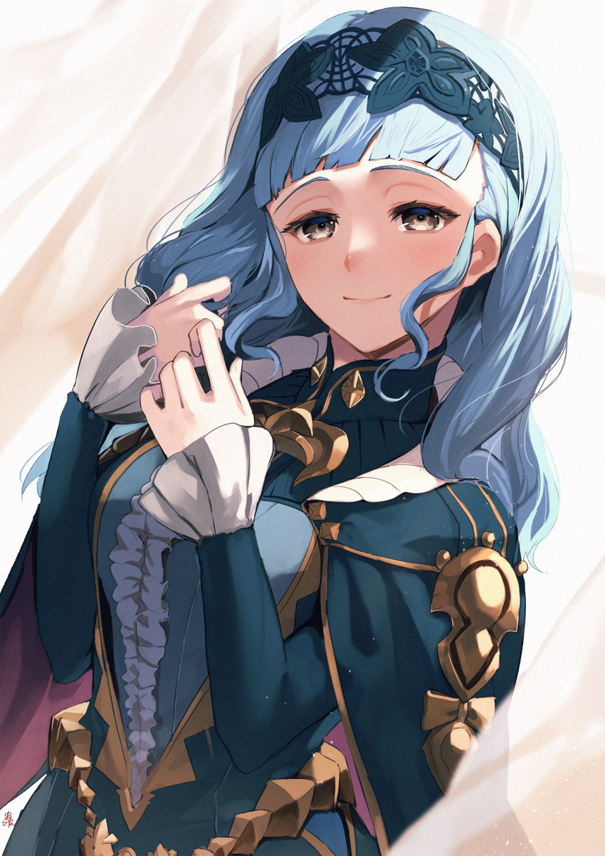 1girl bangs blue_cape blue_dress blue_hair blue_hairband blunt_bangs blush brown_eyes cape center_frills closed_mouth commentary_request curtains dress fire_emblem fire_emblem:_three_houses fire_emblem_warriors:_three_hopes frills hairband head_tilt highres lace_hairband long_hair long_sleeves looking_at_viewer marianne_von_edmund nakabayashi_zun smile solo upper_body wavy_hair white_curtains