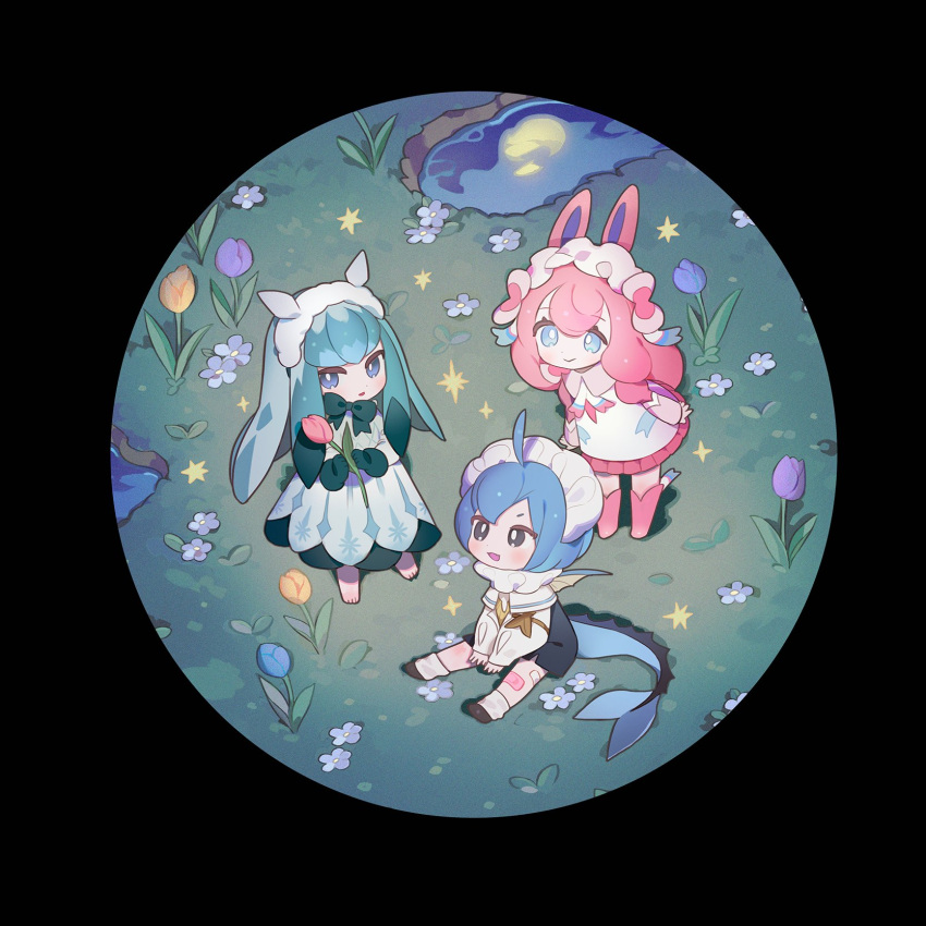 3girls :d ahoge animal_ears aqua_hair bandaged_leg bandages bangs barefoot black_background blue_eyes blue_hair bob_cut boots bow bowtie chibi dress fins flower full_moon glaceon gloves green_bow green_bowtie green_gloves gwayo hairband highres holding holding_flower long_sleeves looking_at_viewer looking_away meadow moon multiple_girls nature night on_ground outdoors pink_footwear pink_hair pokemon pond puffy_long_sleeves puffy_sleeves reflection round_image shoes short_dress short_hair sidelocks sitting smile socks sparkle standing sylveon symbol-only_commentary tail vaporeon