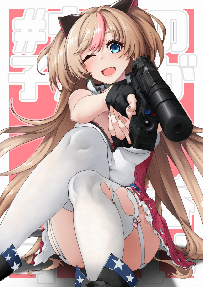 1girl absurdres background_text bare_shoulders bell blush breasts clothing_cutout collar feet_out_of_frame fingerless_gloves full_body garter_straps girls_frontline gloves gun handgun heart_cutout highres jingle_bell leotard looking_at_viewer mk23_(girls'_frontline) mk_23_pistol nakiusagi one_eye_closed pistol sitting sleeveless smile solo tail thigh-highs translation_request weapon white_legwear