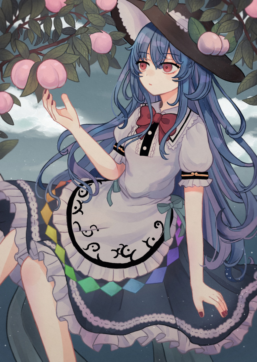 1girl black_headwear blue_hair bow bowtie food frilled_skirt frills fruit hair_between_eyes hat highres hinanawi_tenshi leaf long_hair looking_ahead nail_polish nokoki_(motioko5) outdoors peach petticoat puffy_short_sleeves puffy_sleeves red_bow red_eyes shirt short_sleeves sitting skirt solo symbol-only_commentary touhou tree very_long_hair white_shirt