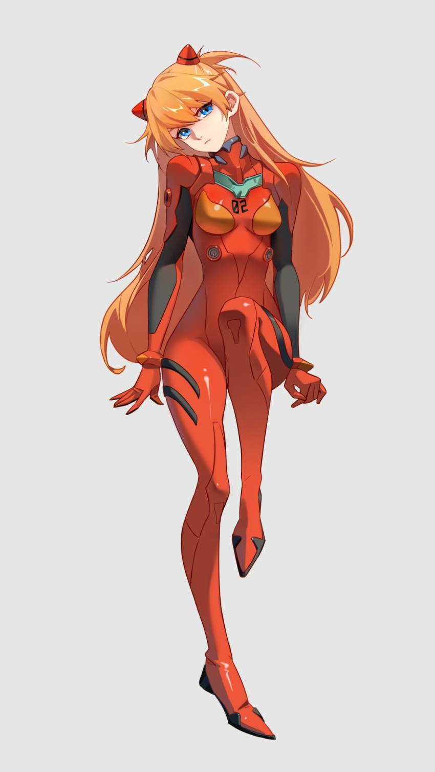 1girl arms_at_sides blue_eyes bodysuit breasts closed_mouth expressionless full_body gloves grey_background hair_ornament head_tilt highres invisible_chair knee_up long_hair medium_breasts neon_genesis_evangelion orange_hair plugsuit red_bodysuit red_gloves shun_(liuguangshunxi11) simple_background sitting solo souryuu_asuka_langley very_long_hair
