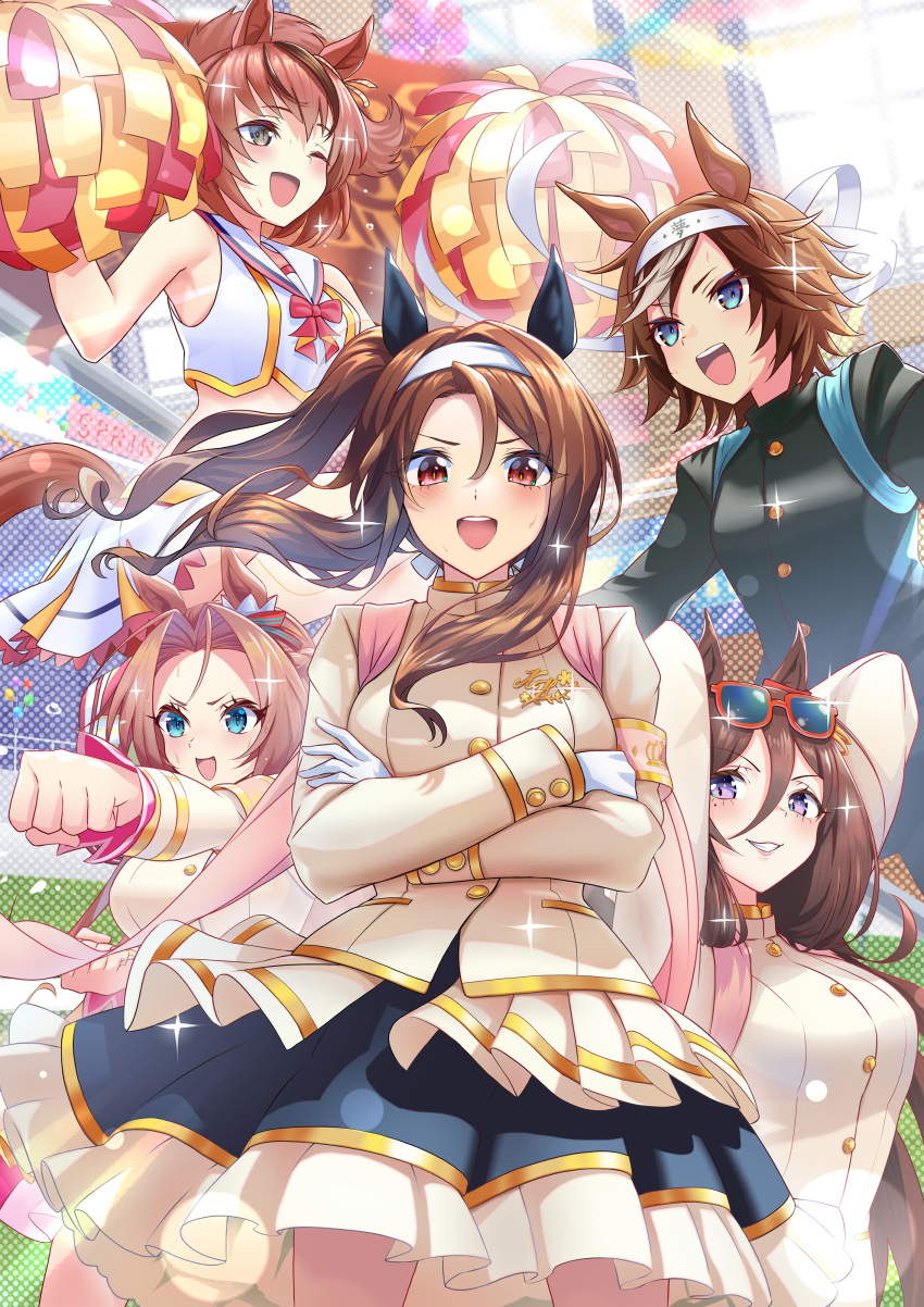 5girls :d ;d absurdres animal_ears armband arms_behind_head arms_up bamboo_memory_(deliver_this_feeling!)_(umamusume) bamboo_memory_(umamusume) bangs blue_eyes blue_skirt brown_hair brown_jacket cheerleader clenched_hands crop_top crossdressing crossed_arms ear_covers ear_ornament ear_ribbon eyewear_on_head frilled_skirt frills gakuran gloves grin hair_between_eyes hair_intakes headband high_collar highres holding holding_pom_poms horse_ears horse_girl horse_tail jacket jumping kawakami_princess_(hurrah_princess)_(umamusume) kawakami_princess_(umamusume) king_halo_(noble_white_cheer_attire)_(umamusume) king_halo_(umamusume) layered_skirt long_hair long_sleeves looking_at_viewer looking_to_the_side medium_hair medium_skirt miniskirt multiple_girls nabe_saori nice_nature_(run&amp;win)_(umamusume) nice_nature_(umamusume) official_alternate_costume one_eye_closed open_mouth ouendan outstretched_arm pink_skirt pleated_skirt pom_pom_(cheerleading) ponytail red-framed_eyewear roar_yell!_tracen_academy_cheerleading_squad_(umamusume) sailor_collar school_uniform seeking_the_pearl_(umamusume) seeking_the_pearl_(yell_that_changed_the_world)_(umamusume) shirt short_hair skirt sleeveless sleeveless_shirt smile sparkle standing sunglasses tail tasuki twintails umamusume violet_eyes white_gloves white_headband white_sailor_collar white_shirt white_skirt wind
