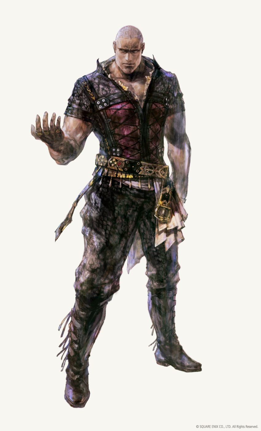 1boy bald belt boots copyright final_fantasy final_fantasy_xvi full_body highres hugo_kupka looking_to_the_side loose_belt muscular muscular_male official_art open_collar simple_background solo standing takahashi_kazuya white_background