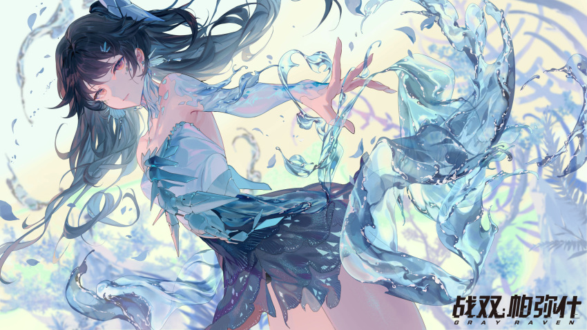 1girl bare_legs black_hair earrings expressionless hair_ornament highres jewelry long_hair lucia_(punishing:_gray_raven) official_art outstretched_hand punishing:_gray_raven skirt solo splashing swimsuit tagme upper_body zhang_shuang_pa_mi_shi