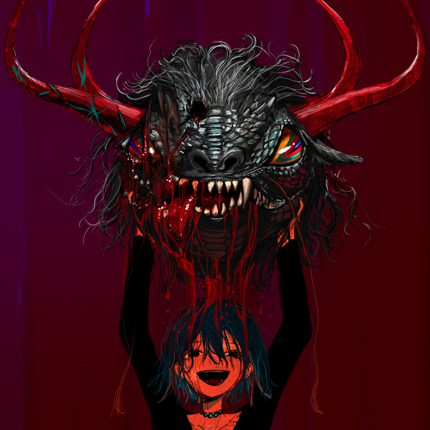 1girl :d antlers black_eyes blood blood_on_face blue_hair bob_cut hands_up highres jewelry looking_at_viewer monster multicolored_hair narue necklace original red_background severed_head short_hair smile solo streaked_hair