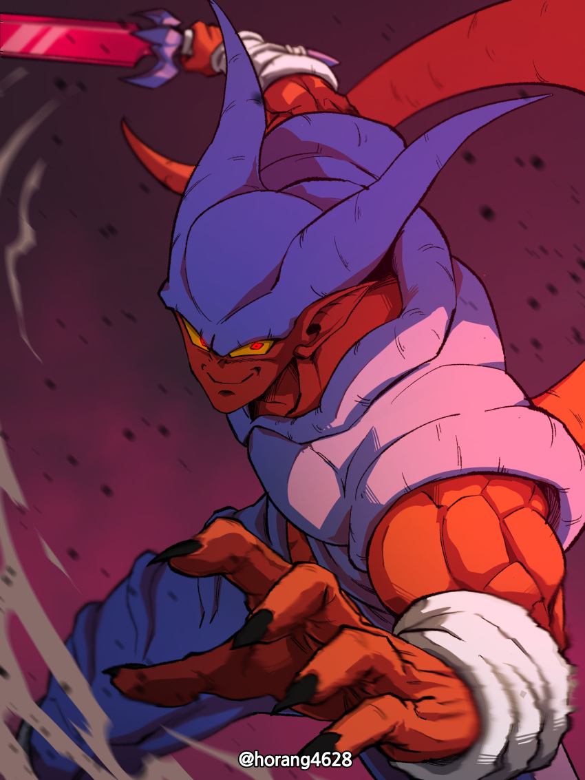 1boy absurdres black_nails colored_sclera colored_skin dragon_ball dragon_ball_z fingernails highres holding holding_sword holding_weapon horang4628 horns janemba korean_commentary looking_at_viewer male_focus red_eyes red_skin sharp_fingernails smile solo sword twitter_username weapon yellow_sclera