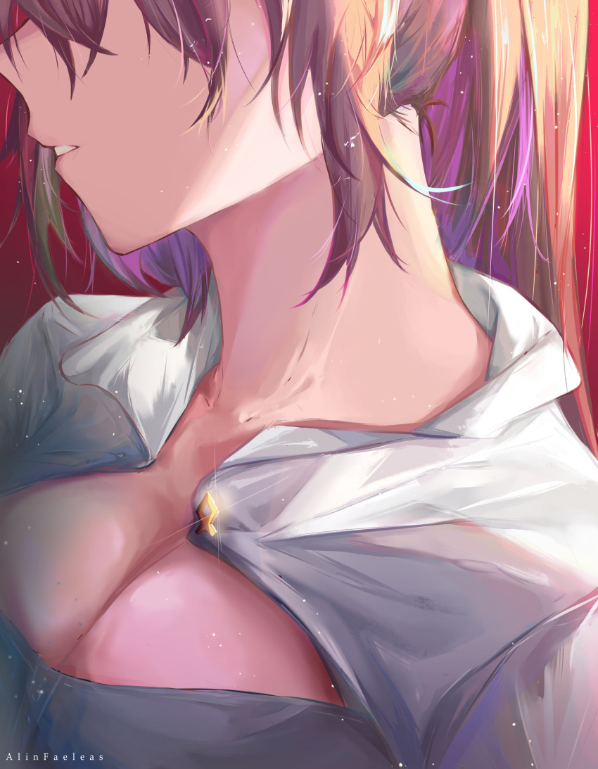 1girl absurdres alinfaeleas bangs breasts brown_hair cleavage_cutout clothing_cutout colored_inner_hair head_out_of_frame highres hololive hololive_english long_hair medium_breasts multicolored_hair nanashi_mumei parted_lips ponytail red_background runes shirt streaked_hair unbuttoned unbuttoned_shirt very_long_hair virtual_youtuber white_shirt
