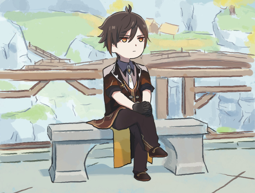 1boy architecture bench black_gloves brown_footwear brown_hair brown_jacket brown_pants chinese_clothes crossed_legs earrings east_asian_architecture expressionless genshin_impact gloves hair_between_eyes highres jacket jewelry low_ponytail outdoors pants ponytail single_earring sitting solo tassel tree xinzoruo yellow_eyes zhongli_(genshin_impact)