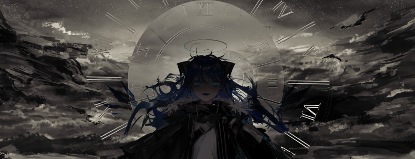 1girl :d arknights black_jacket blue_eyes blue_hair chest_belt clouds crazy_eyes crazy_smile dark_clouds grey_sky halo highres horns jacket looking_at_viewer mostima_(arknights) narue roman_numeral shaded_face shirt sky slit_pupils smile solo star_(sky) starry_sky white_shirt