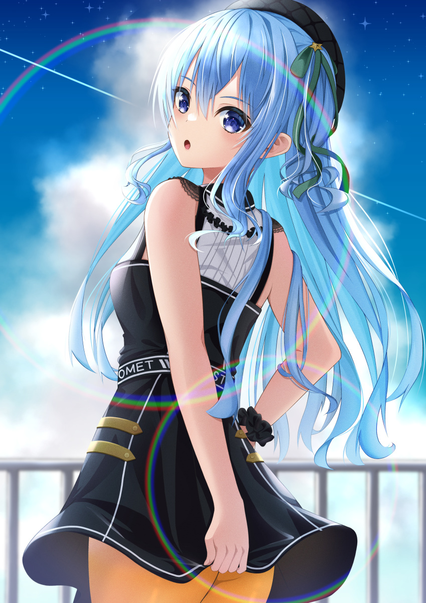 1girl absurdres bangs belt beret black_belt black_dress black_headwear blue_eyes blue_hair blue_ribbon closed_eyes clouds collared_dress commentary commentary_request dress green_ribbon hair_between_eyes hair_ribbon hat highres holding holding_clothes holding_skirt hololive hoshimachi_suisei looking_at_viewer looking_back medium_hair mira_bluesky3 open_mouth orange_legwear pantyhose railing rainbow ribbon shirt shooting_star short_dress short_sleeves skirt sky solo star_(symbol) star_in_eye symbol_in_eye virtual_youtuber white_shirt