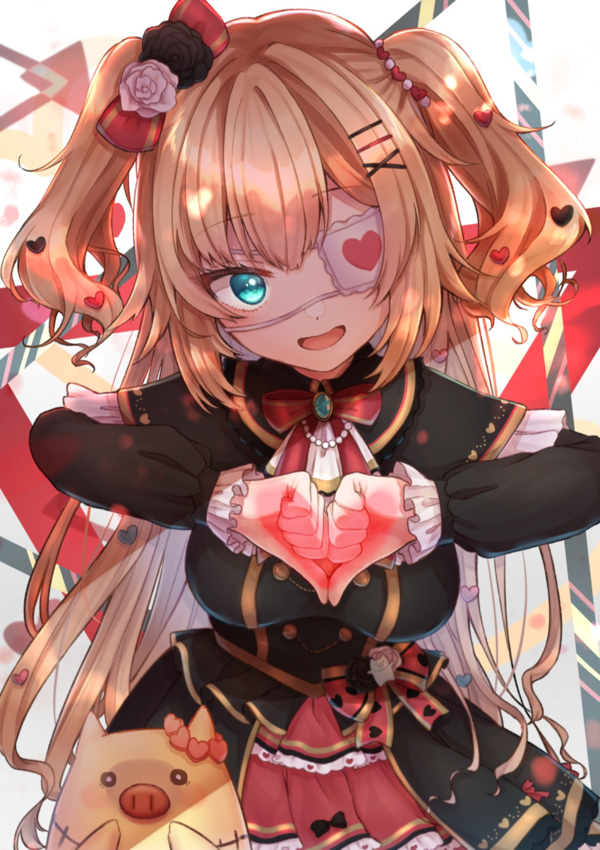 1girl akai_haato aqua_eyes black_capelet black_coat blonde_hair bow breasts capelet coat dress eyepatch flower frilled_capelet frills gothic_lolita haaton_(akai_haato) hair_bow hair_flower hair_ornament hairclip heart heart_eyepatch heart_hair_ornament highres hololive kuwaefuru layered_dress lolita_fashion long_hair long_sleeves looking_at_viewer medical_eyepatch medium_breasts red_dress solo twintails two_side_up very_long_hair virtual_youtuber