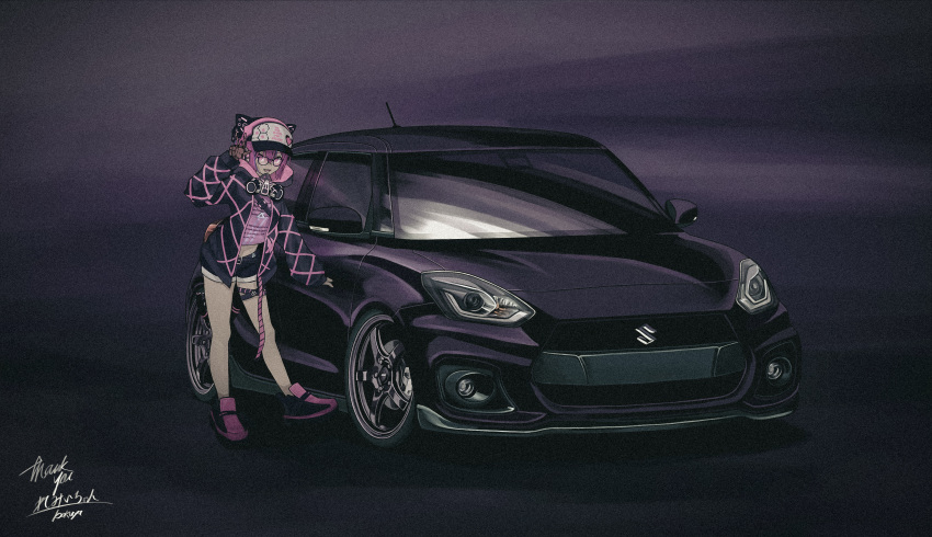 1girl absurdres black_jacket black_shorts bokuya car commentary_request commission glasses ground_vehicle hat highres jacket looking_at_viewer motor_vehicle open_clothes open_jacket original pink_eyes pink_hair pink_headwear shorts skeb_commission solo suzuki_(company) suzuki_swift