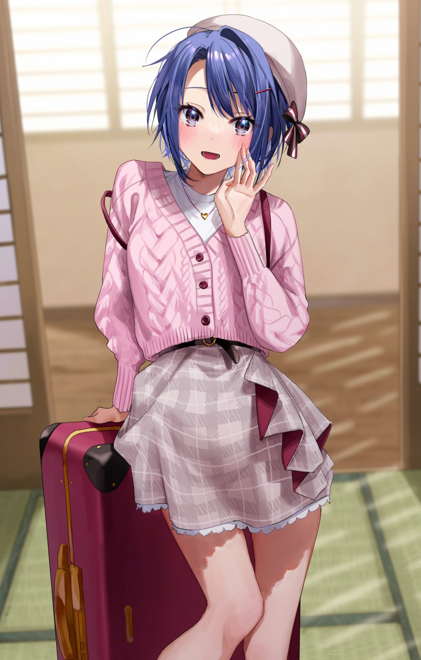 1girl :d belt blue_hair blurry blurry_background bow buttons cardigan chigusa_minori copyright_request depth_of_field feet_out_of_frame grey_skirt hair_ornament hairclip hand_up hat hat_bow heart heart_necklace highres indoors long_sleeves looking_at_viewer open_mouth pink_cardigan plaid plaid_skirt red_bow shirt shouji skirt sliding_doors smile solo standing striped suitcase sunlight violet_eyes white_shirt