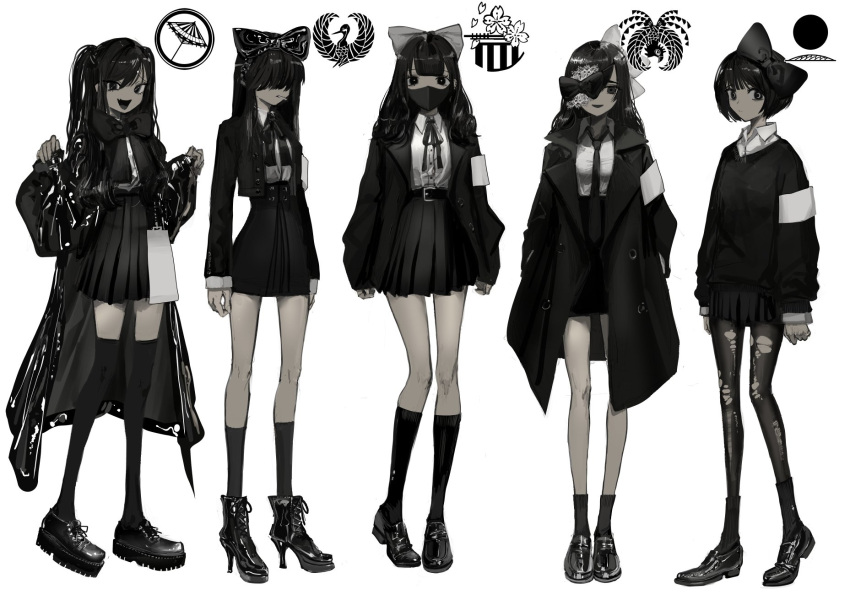 5girls :d ankle_boots armband black_coat black_legwear black_necktie black_sweater boots bow closed_mouth coat greyscale hair_bow hair_over_eyes high-waist_skirt high_heel_boots high_heels highres loafers long_hair long_sleeves looking_at_viewer mask miniskirt monochrome mouth_hold mouth_mask multiple_girls narue neck_ribbon necktie original pantyhose pleated_skirt ribbon shirt shoes simple_background skirt smile socks socks_over_pantyhose standing sweater thigh-highs torn_clothes torn_legwear twintails white_background white_necktie white_shirt zettai_ryouiki