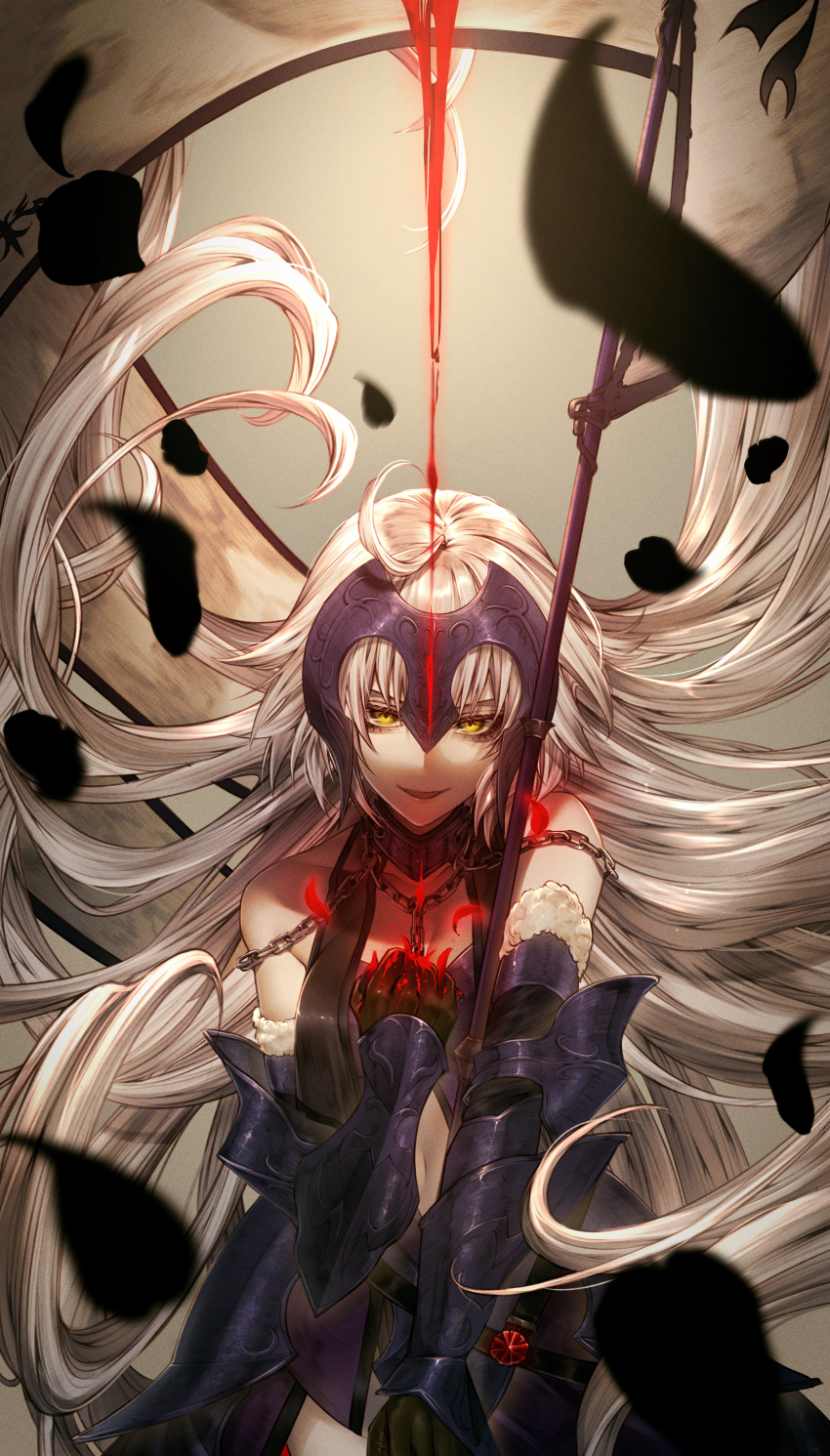 1girl absurdres ahoge armor bare_shoulders black_gloves blonde_hair blood blood_on_hands breasts chain clenched_hand clothing_cutout elbow_gloves fate/grand_order fate_(series) fur_trim gauntlets gloves headpiece highres jeanne_d'arc_alter_(avenger)_(fate) jeanne_d'arc_alter_(avenger)_(third_ascension)_(fate) jeanne_d'arc_alter_(fate) kokollet long_hair looking_at_viewer navel navel_cutout parted_lips solo upper_body very_long_hair weapon yellow_eyes