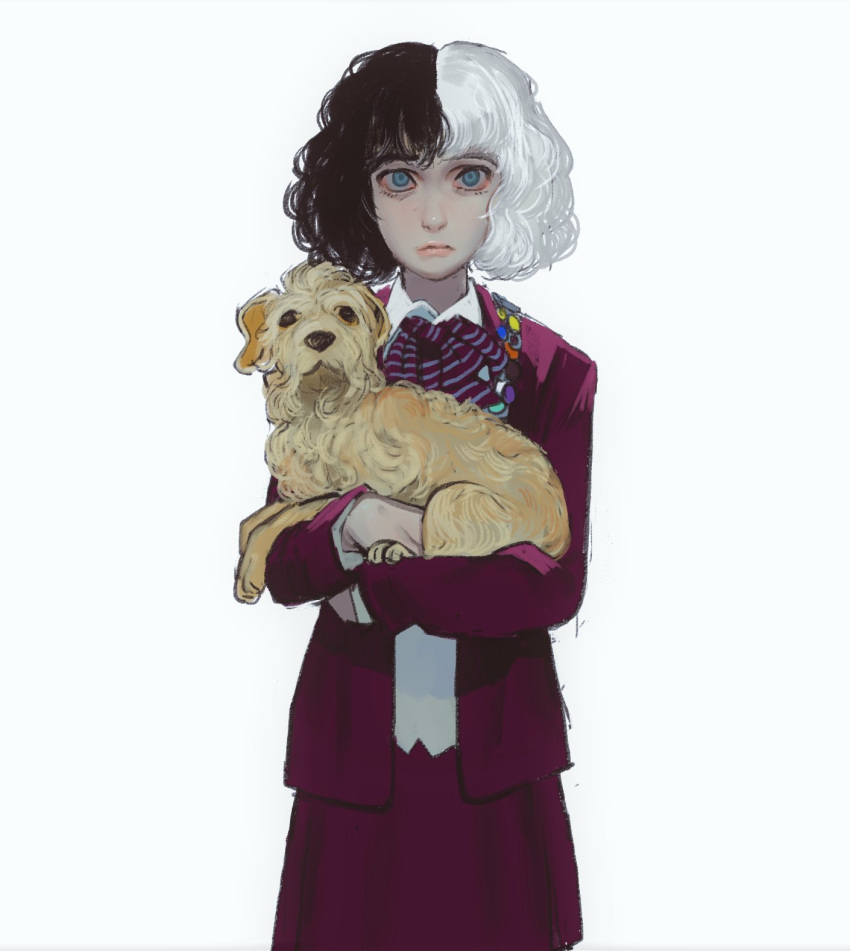 101_dalmatians 1girl animal ascot blue_eyes child closed_mouth crudelia_(movie) crudelia_demon dog highres holding holding_animal holding_dog jacket long_sleeves looking_at_viewer medium_hair mossacannibalis multicolored_hair purple_ascot purple_jacket purple_skirt simple_background skirt solo split-color_hair striped_ascot two-tone_hair white_background