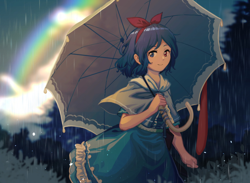 1girl alternate_costume blue_dress blue_eyes blue_hair bow bow_hairband bush capelet closed_mouth clouds cloudy_sky commentary cowboy_shot dress frilled_dress frills furahata_gen grey_capelet hair_bow hairband hand_up heterochromia highres holding holding_umbrella hood hooded_capelet karakasa_obake lolita_fashion looking_at_viewer medium_hair outdoors rain rainbow red_bow red_eyes red_hairband sky smile solo tatara_kogasa tongue tongue_out touhou tree umbrella