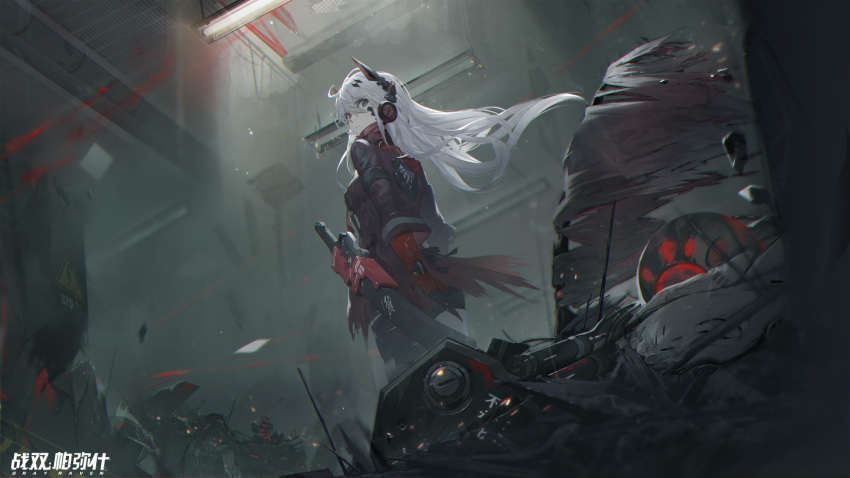 1girl blood debris from_below highres light long_hair looking_back looking_down lucia:_crimson_abyss_(punishing:_gray_raven) lucia_(punishing:_gray_raven) machinery official_art punishing:_gray_raven rubble scarf sheath solo tagme upper_body white_hair zhang_shuang_pa_mi_shi