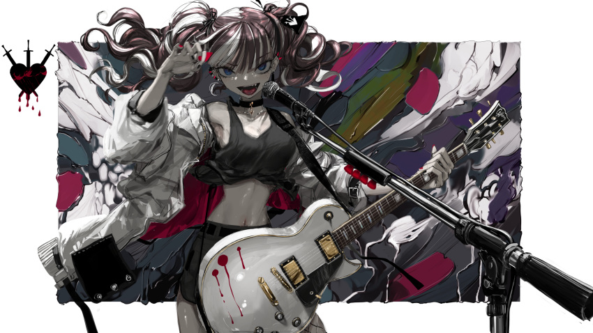 1girl :d black_choker black_shirt blue_eyes breasts choker contrapposto ear_piercing earrings electric_guitar fang fishnet_legwear fishnets floating_hair gibson_les_paul guitar highres holding holding_instrument holding_plectrum instrument jacket jewelry looking_at_viewer medium_breasts microphone microphone_stand midriff miniskirt multicolored_background multicolored_hair narue navel open_clothes open_jacket open_mouth original piercing plectrum shirt skirt smile solo streaked_hair tank_top twintails white_jacket