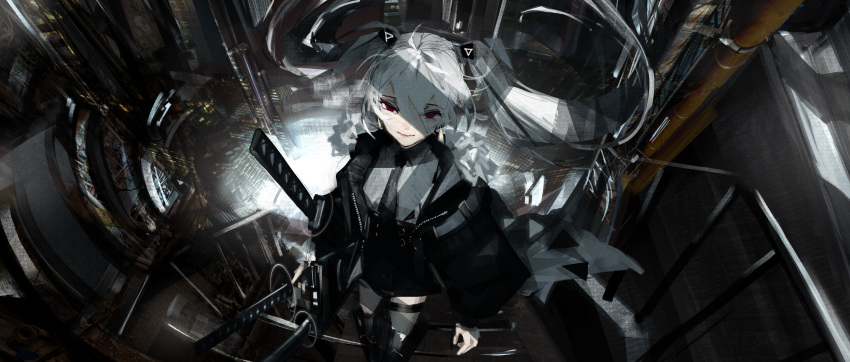 1girl black_necktie black_skirt closed_mouth coat fisheye hair_between_eyes high-waist_skirt highres holding holding_sword holding_weapon katana looking_at_viewer miniskirt multiple_swords narue necktie open_clothes open_coat original red_eyes skirt smile solo standing sword thigh_strap weapon white_hair