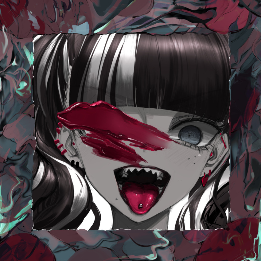 1girl :d bangs blue_eyes blunt_bangs brown_hair ear_piercing earrings jewelry looking_at_viewer multicolored_hair narue one_eye_covered open_mouth original piercing portrait sharp_teeth smile solo streaked_hair teeth tongue tongue_out tongue_piercing twintails white_hair
