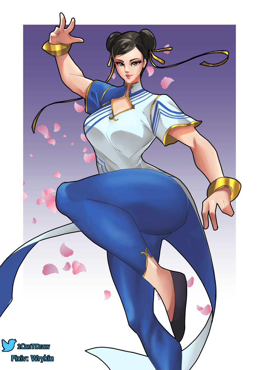 1girl absurdres black_footwear black_hair blue_pants bracelet breasts brown_eyes center_opening china_dress chinese_clothes chun-li double_bun dress english_commentary eyeshadow fighting_stance flats hair_ribbon highres jewelry large_breasts lips makeup pants petals pixiv_username ribbon richard_park short_hair short_sleeves solo standing standing_on_one_leg street_fighter street_fighter_6 thick_thighs thighs tight tight_pants twitter_username white_dress