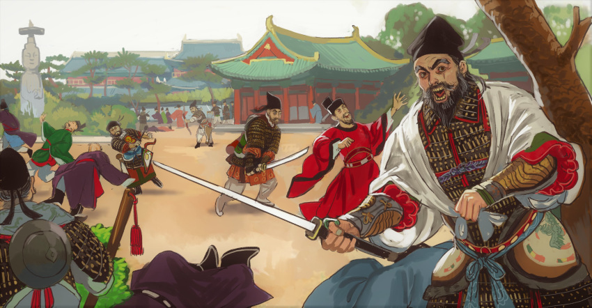 6+boys architecture armor battle beard black_headwear breastplate east_asian_architecture facial_hair falling hat highres holding holding_sword holding_weapon katana looking_at_viewer male_focus mossacannibalis multiple_boys open_mouth original outdoors scar scar_across_eye solo_focus sword weapon